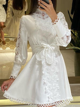 White Lace Hook Flower Hollow Patchwork Boho Long Sleeve Dresses Wedding Party